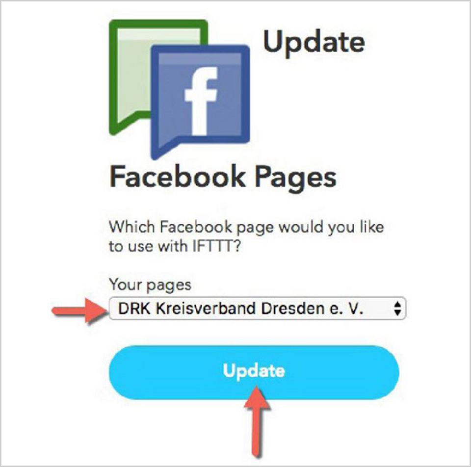Nun wählen Sie die Facebookseite aus, auf der die neuen Nachrichten dargstellt werden sollen