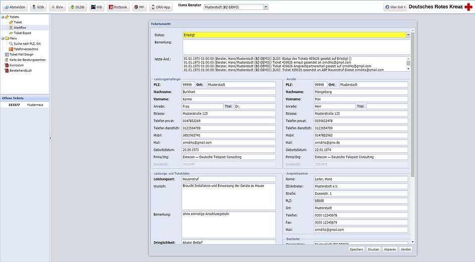 Über die Workflowkontrolle kann der Bearbeitungsstand jedes Tickets mitverfolgt werden