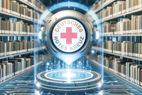 Dieses KI-generierte Imagebild zeigt einen Gang einer Bibliothek. In der Mitte steht eine stilistische Digitalstruktur in Glockenform mit einem DRK-Logo.