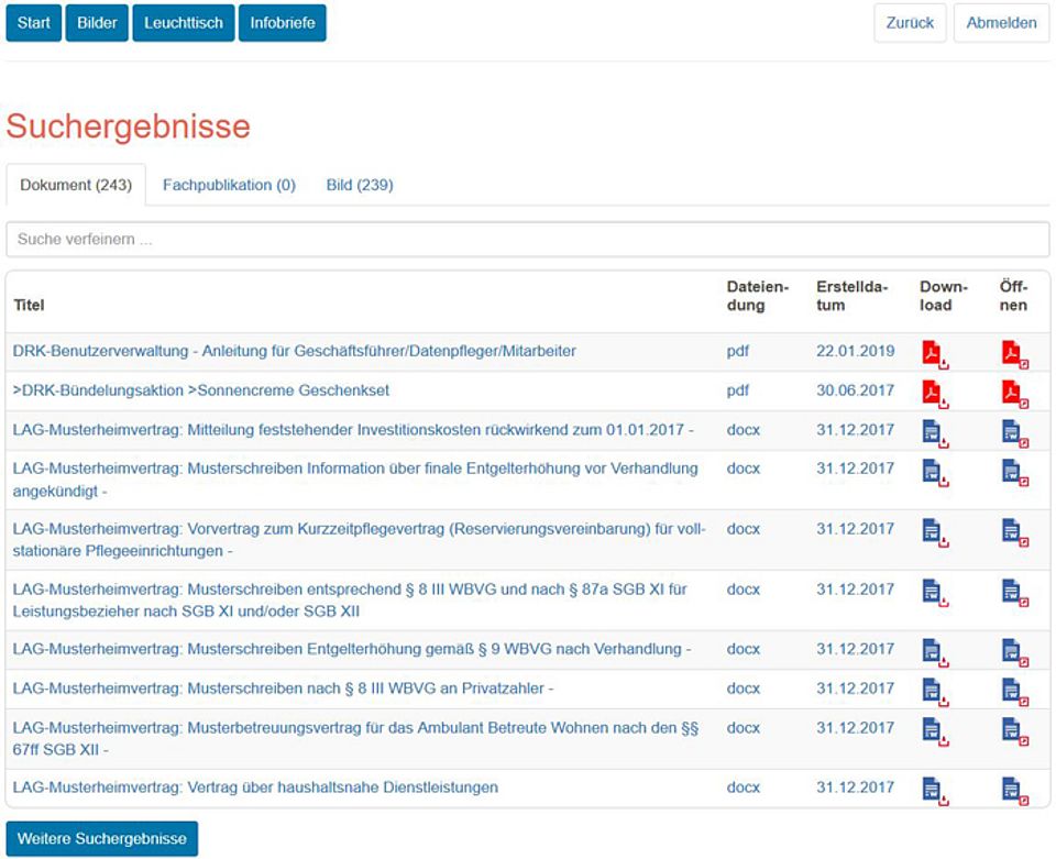 Eine Erweiterte Suche bleibt selbstverständlich weiterhin möglich. Neben Faktoren wie dem Erstelldatum oder der Typ der gesuchten Dokumente, kann hier unter den Dropdown-Menüs Thema, Gliederung, Dokumentenart nach den Parametern der Matrix der Wissensbörse gesucht werden. 