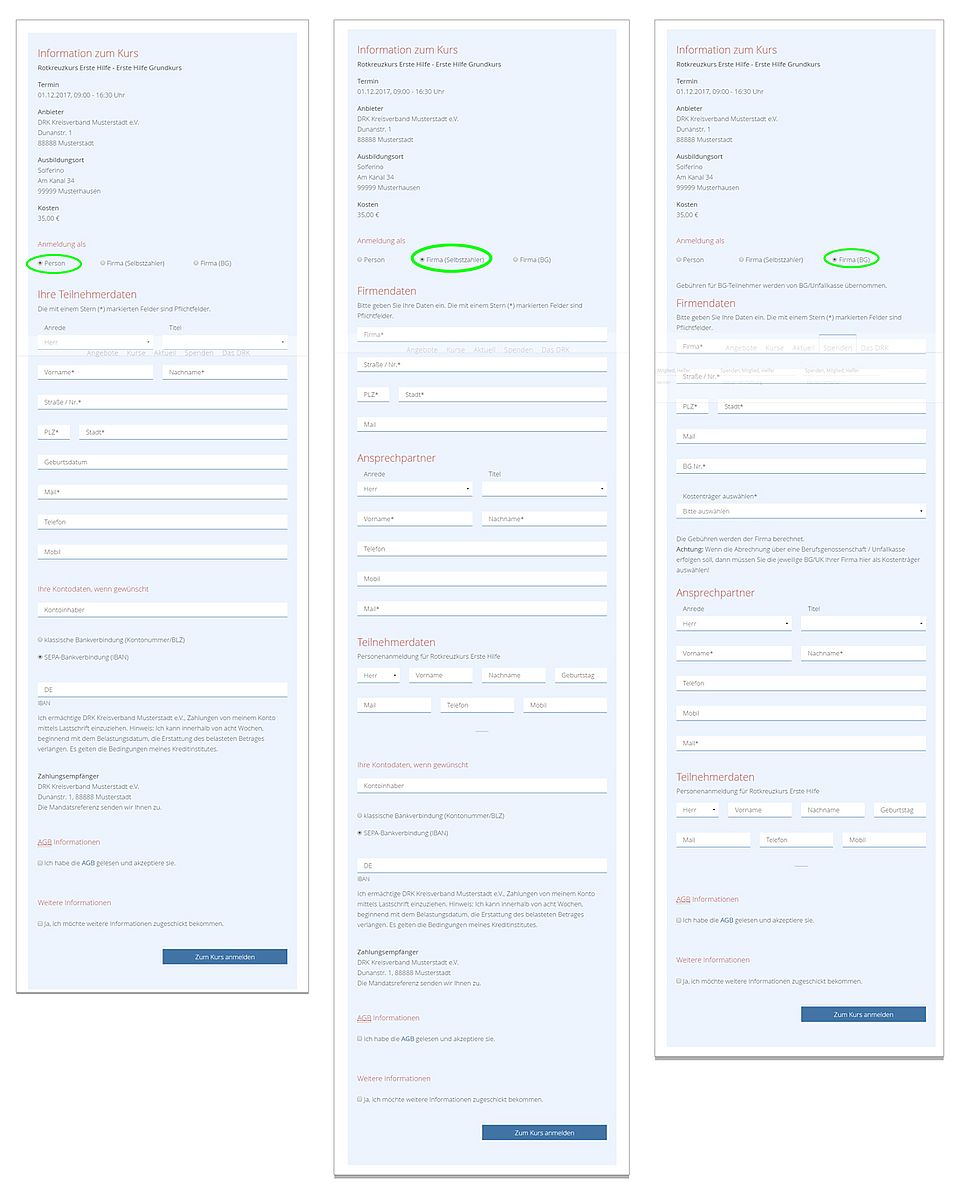 Kursanmeldung mit drei Onlineformularen
