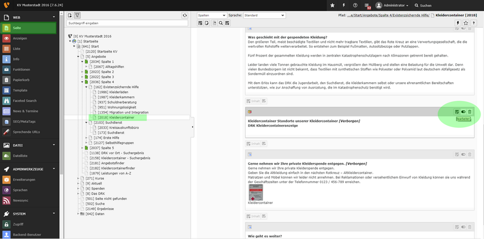 Standorte der Kleidercontainer auf Musterseite aktivieren