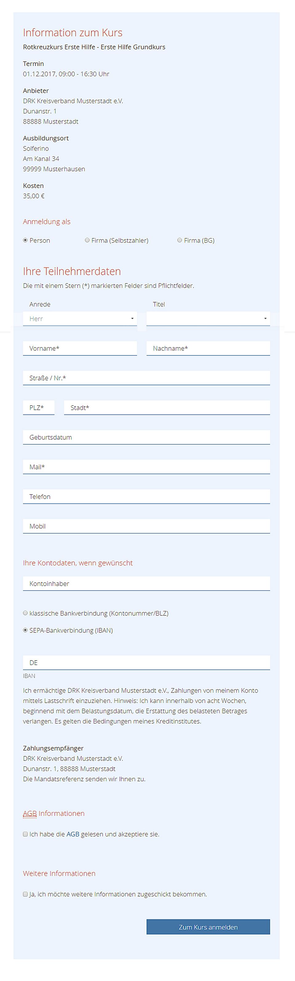 Kursanmeldung nur für Einzelperson (privat) 