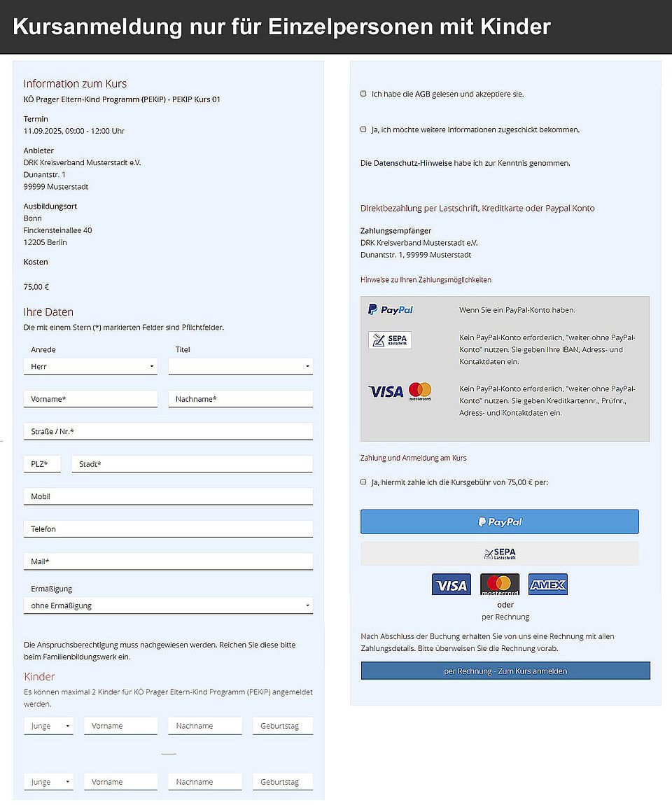 Kursanmeldung nur für Einzelpersonen mit Kinder