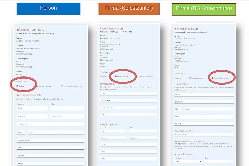 Kursanmeldung mit drei Onlineformularen