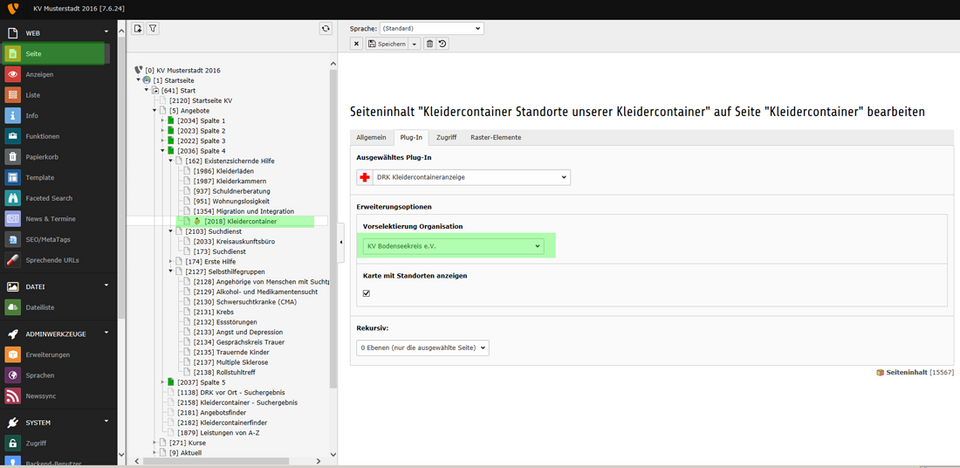 Standorte der Kleidercontainer auf Musterseite aktivieren