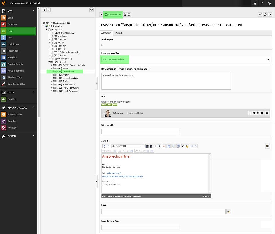 Bearbeiten der Hinweise zum Ansprechpartner, Rotkreuz-App etc.
